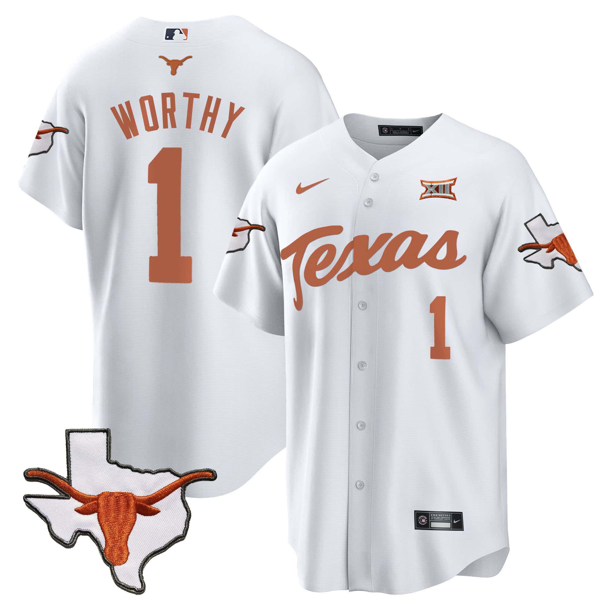 Men Texas Longhorns #1 Worthy White 2024 Baseball NCAA Jersey